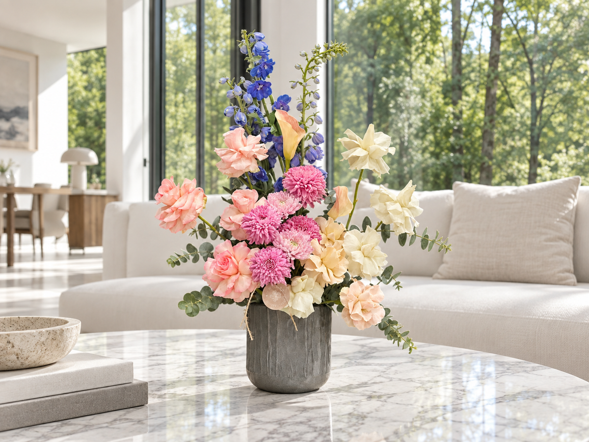 Gazebo Blush Garden on a marble table in a modern home overlooking woodland